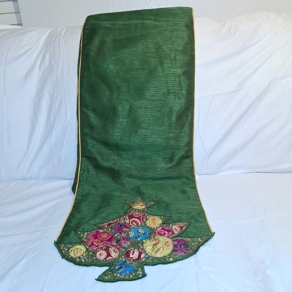 Pier 1 Imports Green Christmas Tree Embellished Table Runner